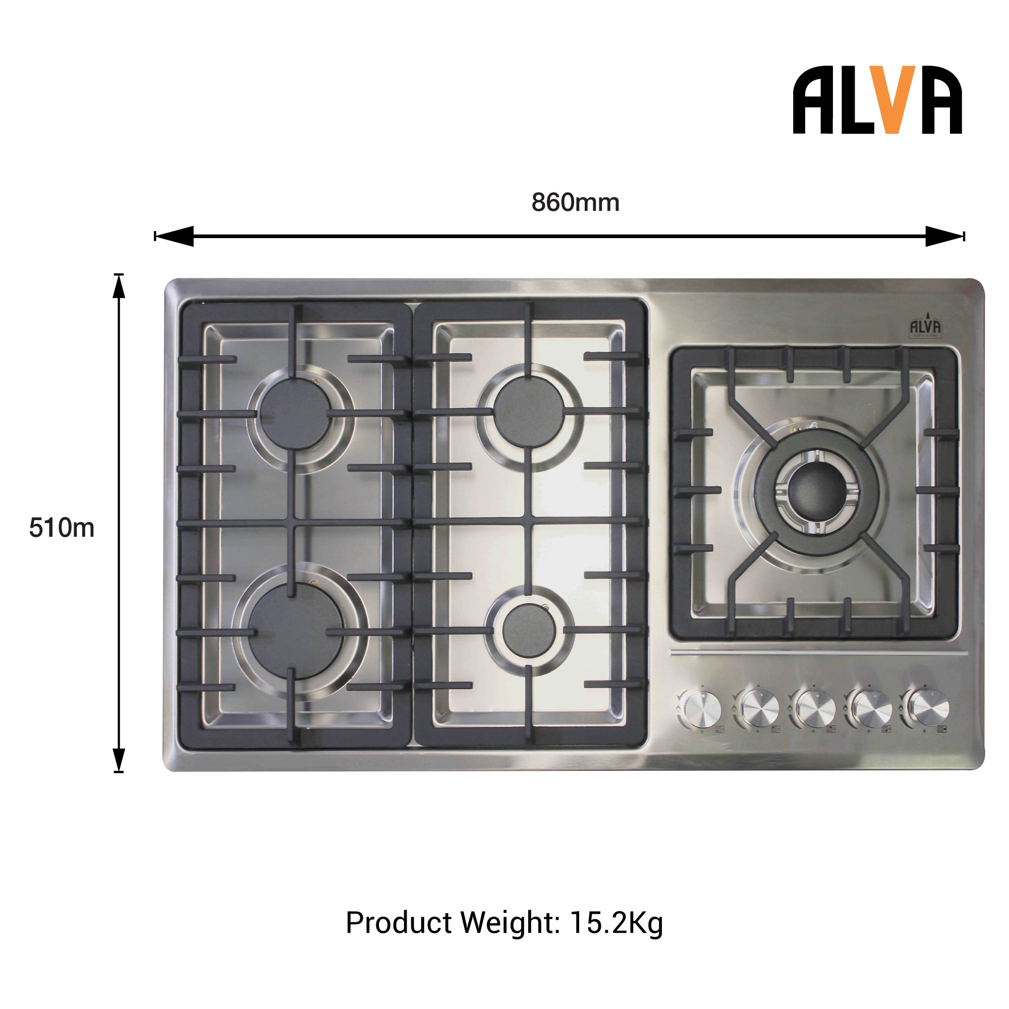 90cm 5-Burner Gas Hob - Stainless Steel